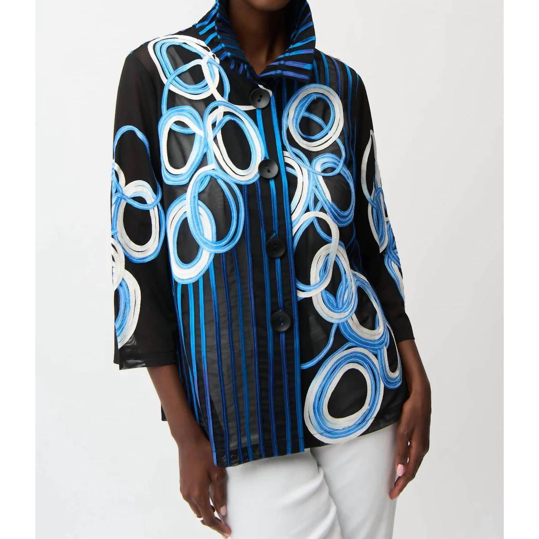 New Joseph Ribkoff Mesh & Satin Soutache Blouse Jacket In Black Multi
